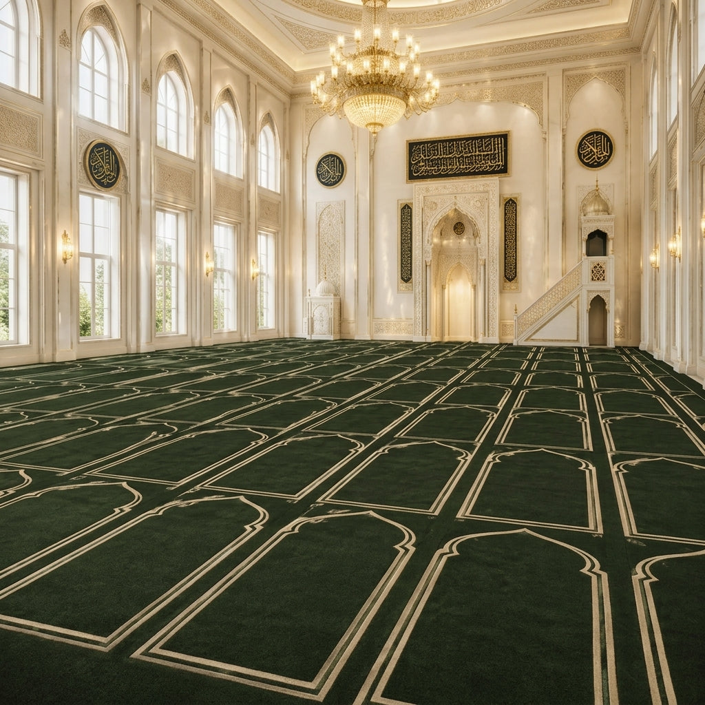Bespoke Islamic prayer rug with custom embroidery
