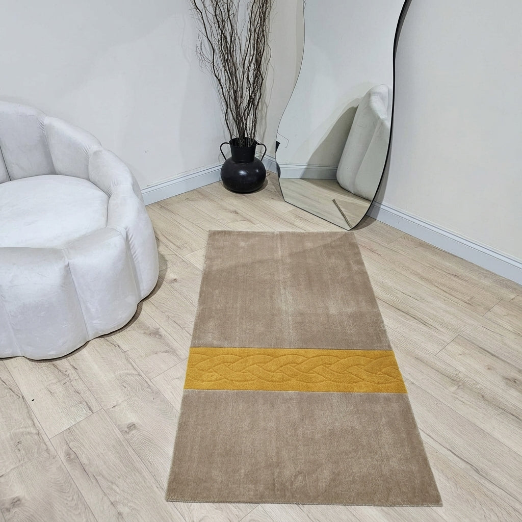 Bespoke handcrafted prayer rug with a neutral shade contrast stripe