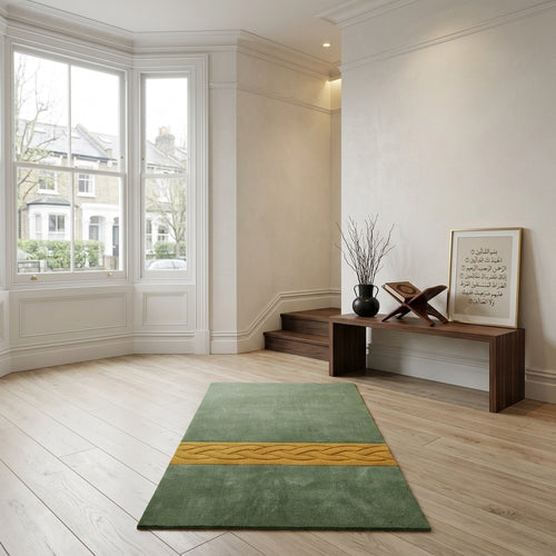Bespoke luxury prayer rug featuring a striking two tone design on a wooden floor
