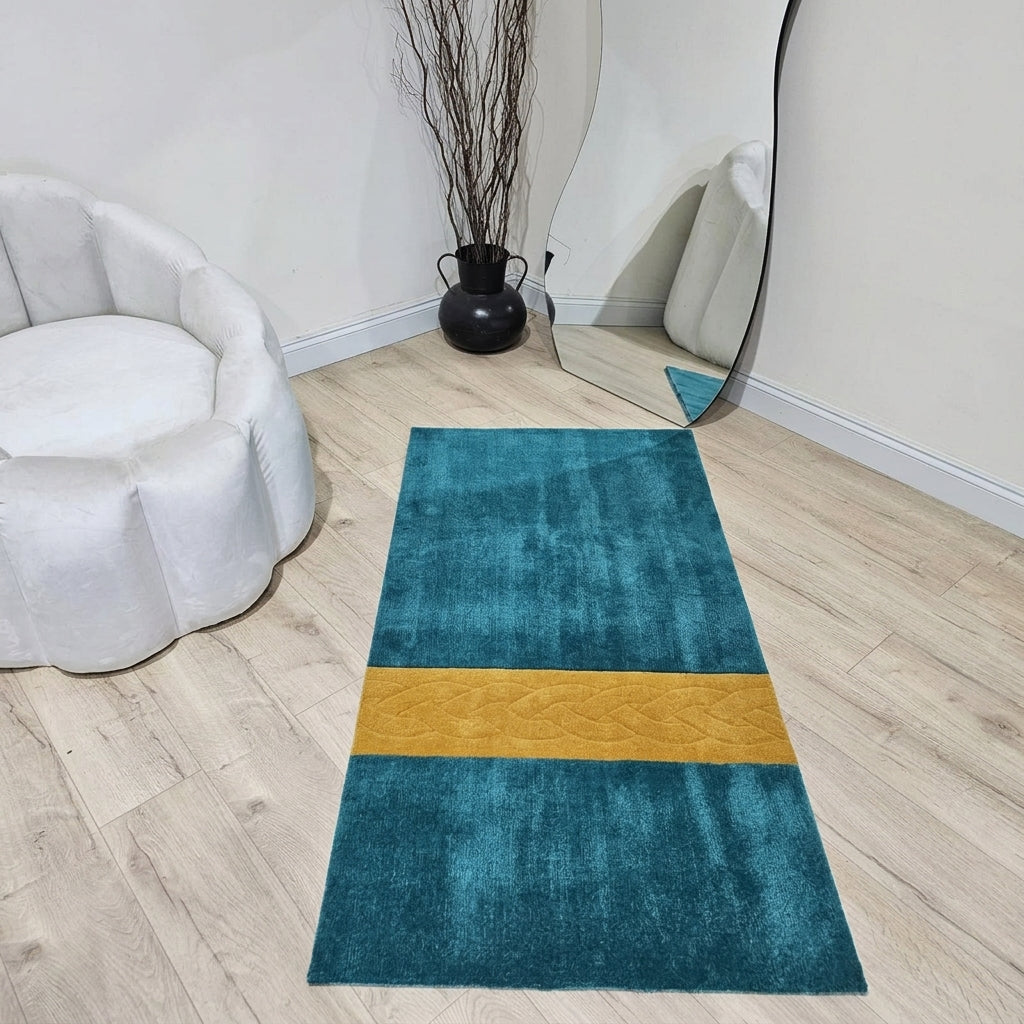 High end bespoke prayer rug showcasing a designer motif stripe